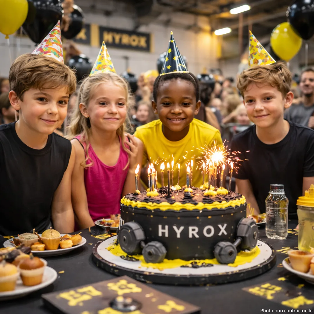 Quatre enfants (filles et garçons) portant des chapeaux de fête colorés autour d'un gâteau noir et jaune marqué « HYROX » avec bougies allumées, cakes et ballons en arrière-plan dans une salle.